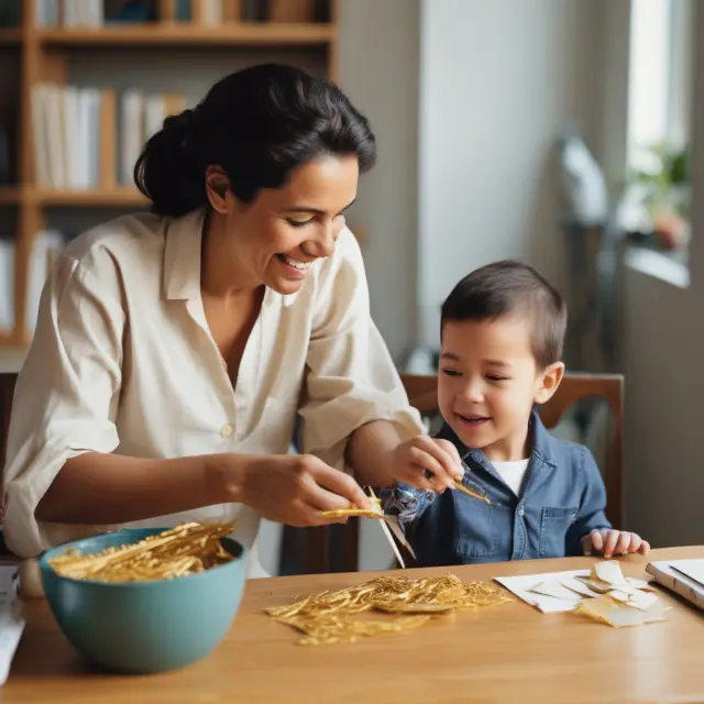 A couple weaving golden threads into a loom, symbolizing the setup process of securing dependant care FSA benefits. Reimbursement is depicted as a savings jar filling with gold coins.