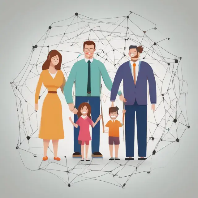 Image of intertwined people and threads representing parents and dependents in a financial relationship