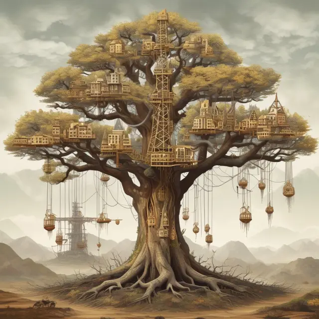 Imagery of a tree growing amidst interconnected oil rigs, gold mines, and forests representing the allocation of expenses for various natural resource industries through Depletion Accounting