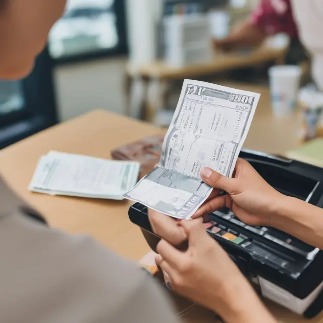 Customer using a deposit slip to record funds for verification during banking transaction