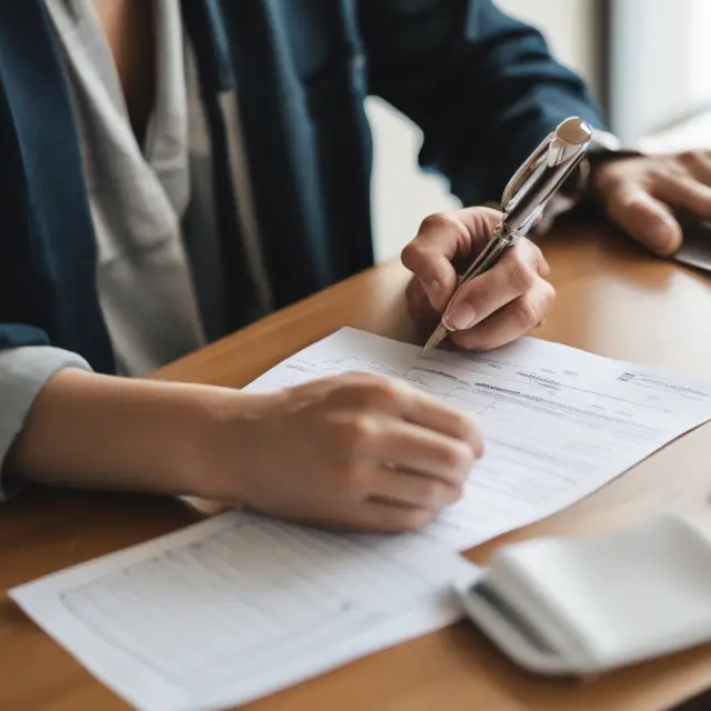 Hand completing a deposit slip while a focused bank teller reviews the information for processing