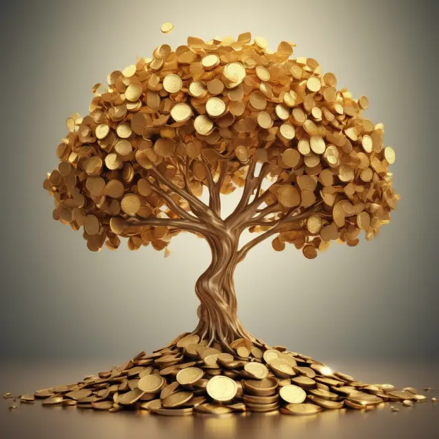 A golden tree with coins as fruits symbolizes the benefits of earning interest through various deposit types: security, passive income, and growth.