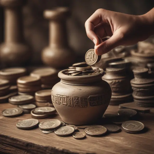 A person deposits various currencies into a traditional money jar for safekeeping and growth