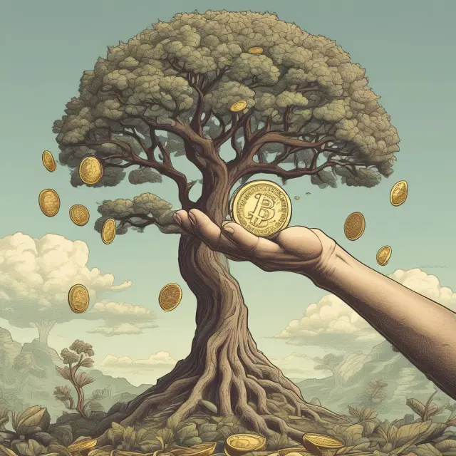 A large hand deposits coins into a tree whose branches expand and sprout new leaves as each coin is placed, signifying the growth potential from deposit multiplication.
