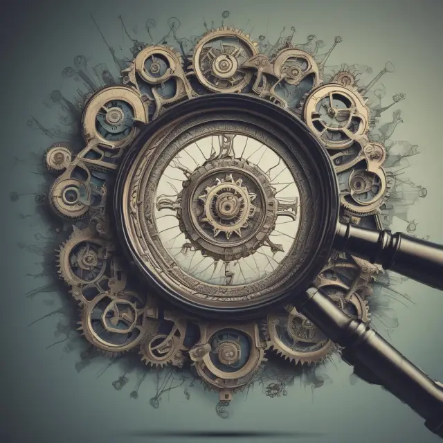 Magnifying glass uncovering intricately linked gears representing deposit multiplier effects on institutional investors