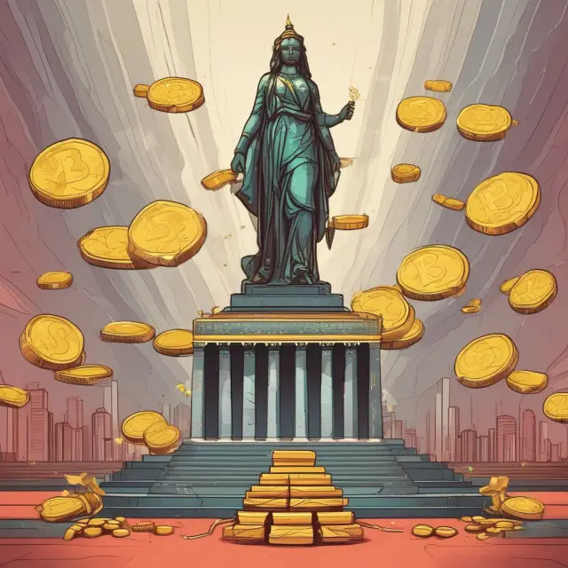 Central bank figure manipulating gold coins on a scale representing reserve requirements, influencing the deposit multiplier and monetary policy