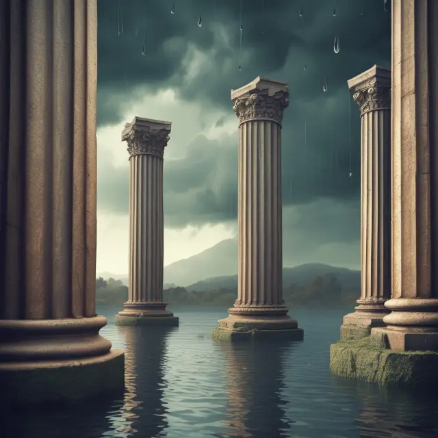 A scene with various raindrops gently testing the strength and resilience of multiple deposit multiplier pillars, symbolizing criticisms towards the concept.