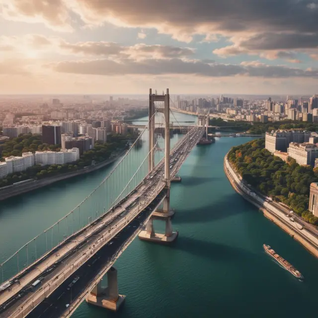An elegant bridge connecting two lands, with investors on one side holding depositary receipts representing ownership of foreign companies