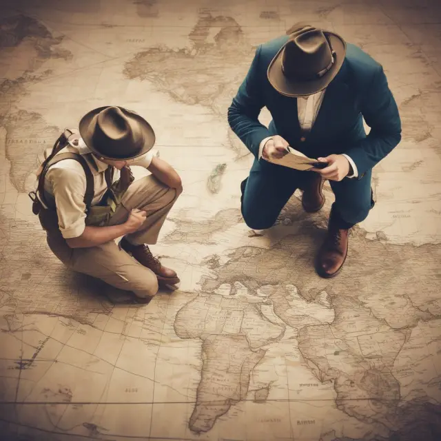 An explorer examines potential investments on a globe, weighing various factors including sector risks, financial health, and dividend yields.