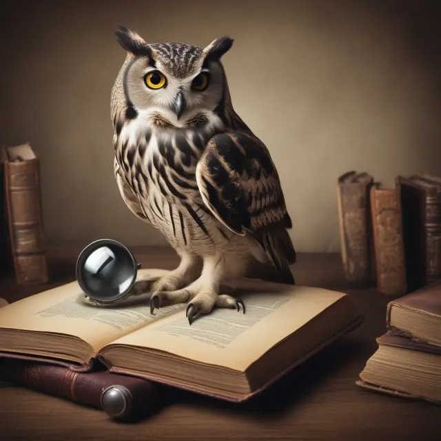 An owl holds a magnifying glass next to an open book, representing the importance of being well-prepared and wise during deposition proceedings.