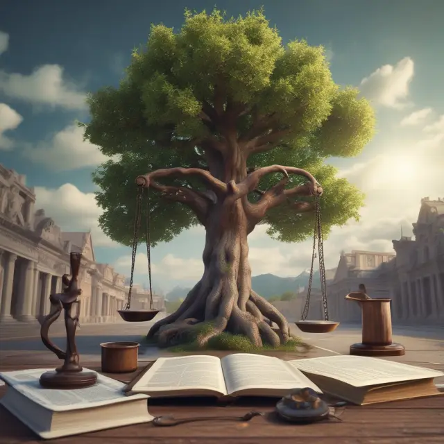 Witness taking an oath under a tree of justice while surrounded by legal documents; illustrating truthfulness in depositions.
