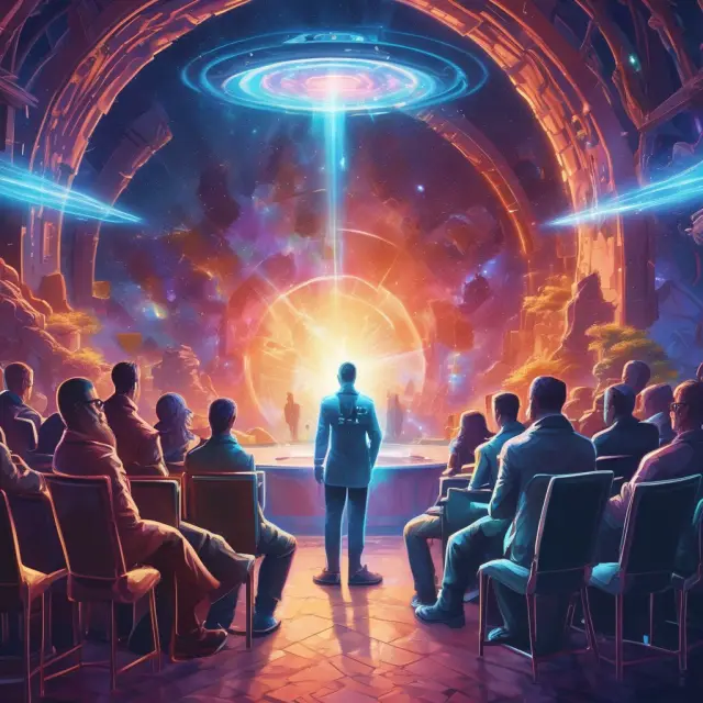 Witnesses delivering testimony in a holographic courtroom setting, illustrating the future of deposition technology