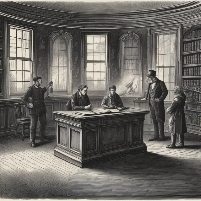 Scene of a deposition with a witness swearing an oath at an antique desk while attorneys seek truth from ancient books