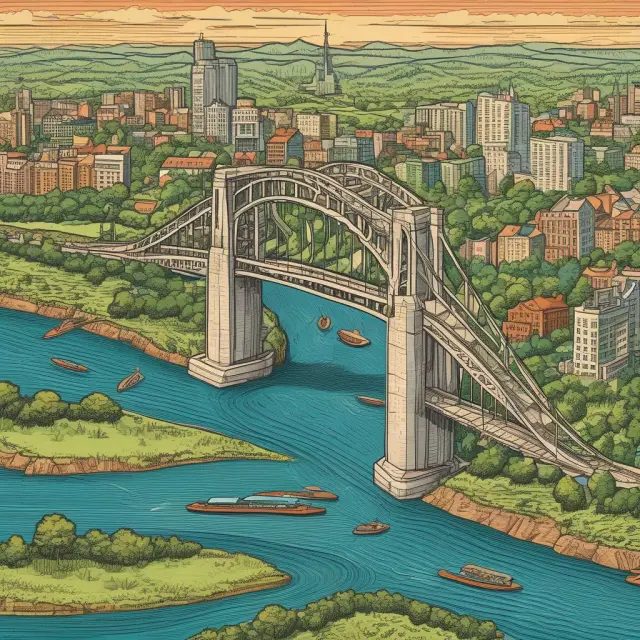 Two rivers: one symbolizes Depository Transfer Checks (DTCs), and the other represents Overnight Deposits. They converge at a bridge, signifying consolidated funds in efficient cash management.