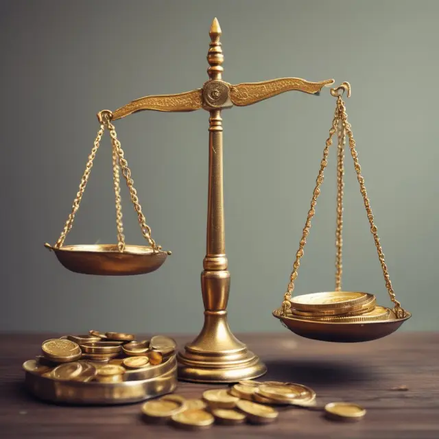 Two scales balanced with machinery parts and gold coins represent depreciated cost and its impact on capital budgeting decisions