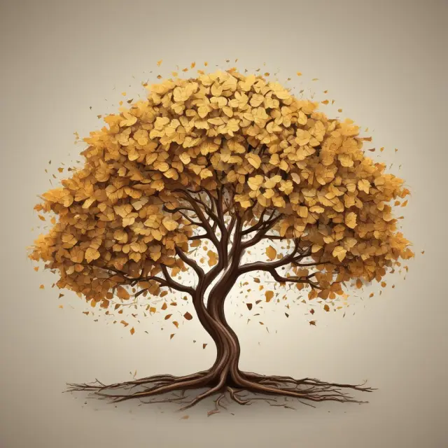 Golden tree sheds gold leaves, illustrating asset value evolving into depreciated cost.