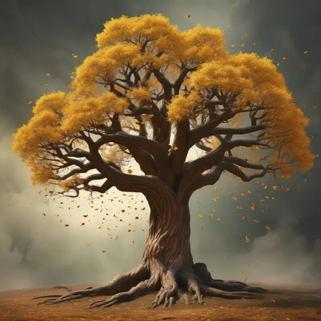 Golden leaves falling from an ancient tree symbolizing asset depreciation and financial reporting