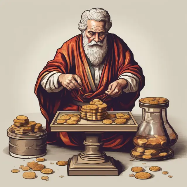 Ancient accountant calculating straight-line depreciation with a scale and gold coins. Depiction of consistent annual depreciation.