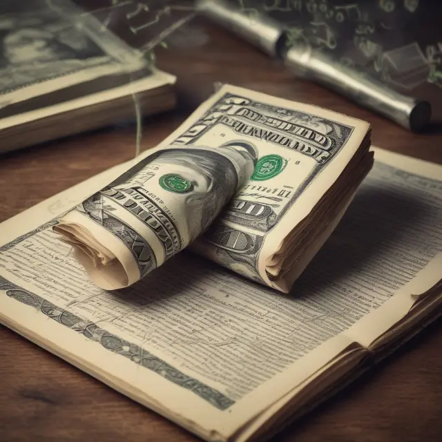 Old book revealing depreciating dollar bill impacting balance sheets and income statements