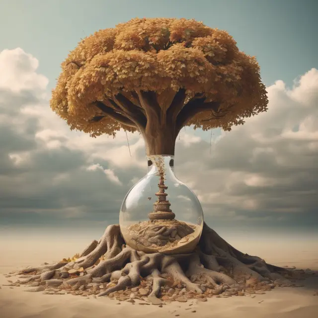 A decaying tree illustrating depreciation, where leaves symbolize years and value; An hourglass showing amortization with sands representing value loss