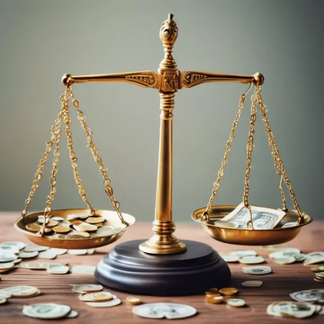 Scale with gold coins symbolizing asset value, and depreciated dollars representing cost basis. Determines Depreciation Recapture.