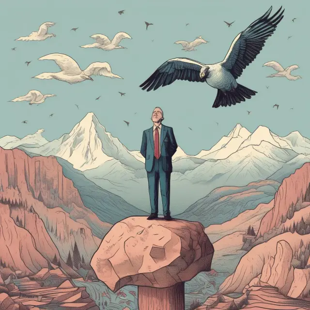 Taxpayer scaling a mountain (depreciation recapture) while a bird soars through a valley (capital gains)
