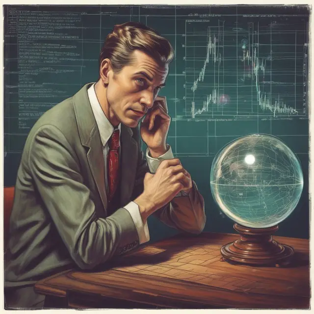 A trader examining a Depth of Market (DOM) chart with a crystal ball, revealing potential future price movements and trends
