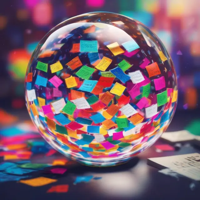 Crystal ball displaying depth of market data: vibrant order tickets, indicating buy and sell levels for various assets