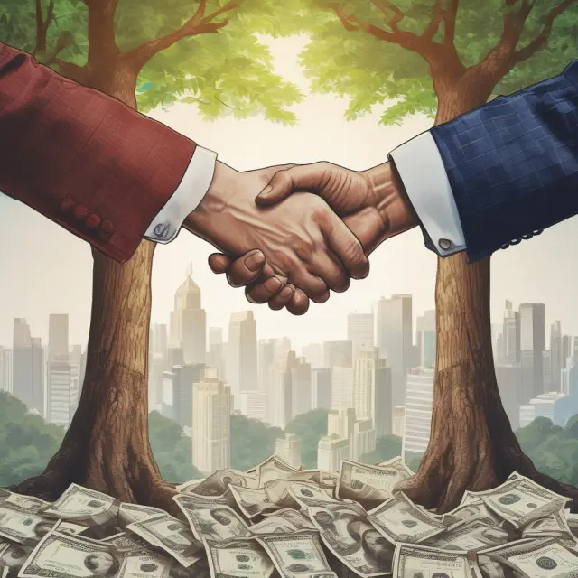 Parties shaking hands under a tree with intertwining stock market charts and currency symbols, symbolizing the diverse world of derivatives.