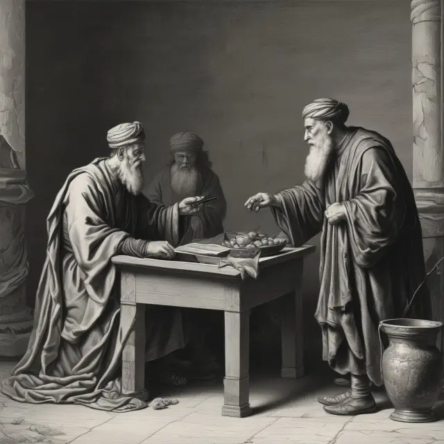 Ancient merchant negotiating futures contract at the exchange. Image includes futures ticker board with price fluctuations.