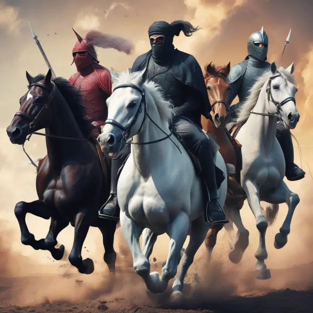 Four horsemen representing counterparty, market, operational, and liquidity risks in derivatives trading. Riding together on a balanced landscape.