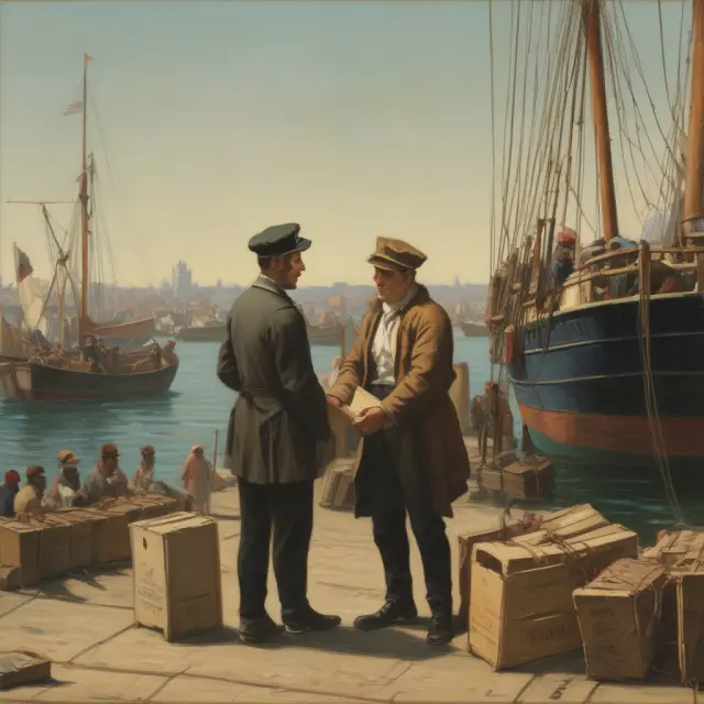 Seller transferring responsibility for goods to sailor at busy port, representing Delivered Ex-Ship