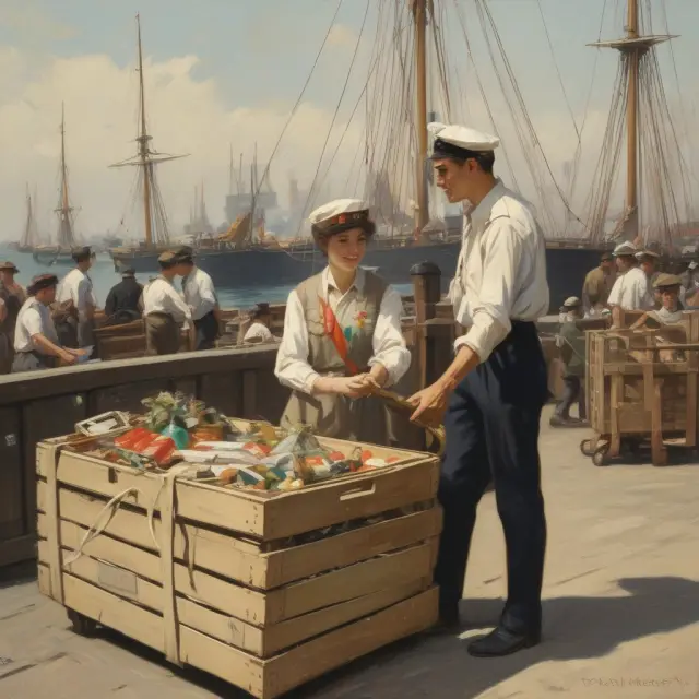A sailor hands over a crate to a buyer at the bustling quay, signifying Delivered ex-quay (DEQ) in international shipping contracts