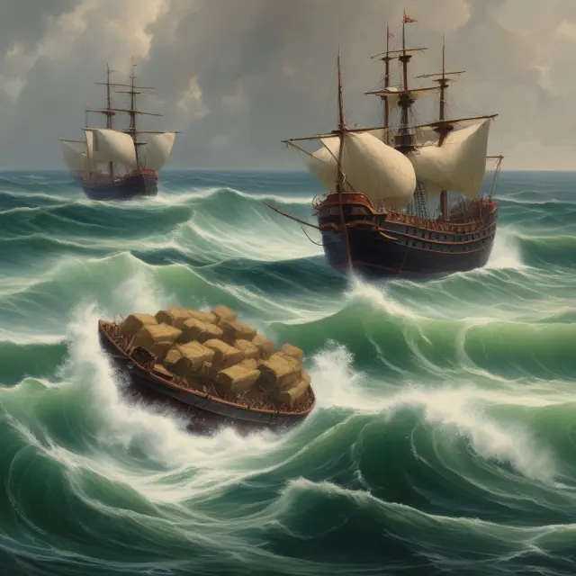 Ships sailing through rough sea, each passing a bale representing DES responsibility to the next