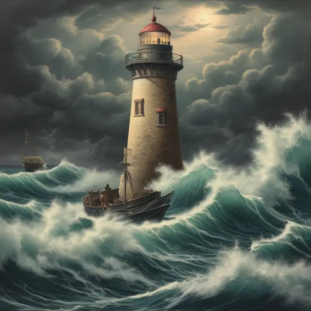 Sailor braving storm with delivered ex-ship cargo onboard, nearing a lighthouse