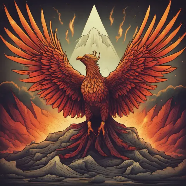 A bullish reversal of a descending triangle visualized as a phoenix rising from the triangle