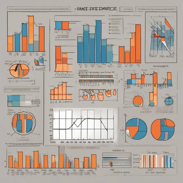Orchestra of five elements: histograms, bar charts, line graphs, pie charts, and scatterplots playing in harmony for data interpretation.