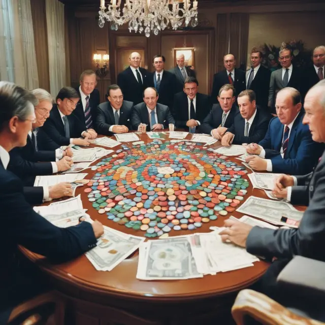 Leaders discuss devaluation strategies with glowing currency orbs