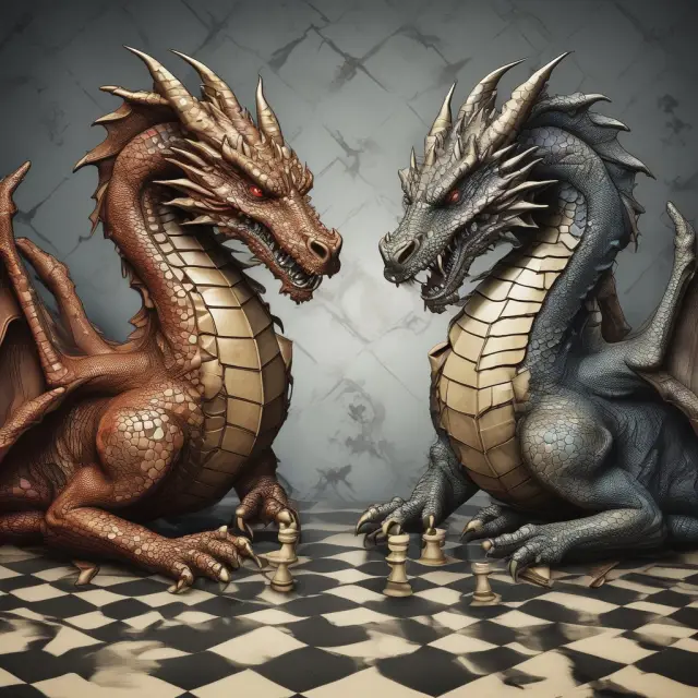 Two dragons clashing over a global chessboard symbolize currency war tensions, with devaluation represented as a deliberate move to alter their respective positions.
