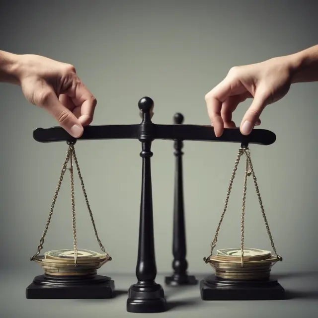 Two hands symbolically pulling apart and together on a currency scale, illustrating the competition between benefits and drawbacks of devaluation.