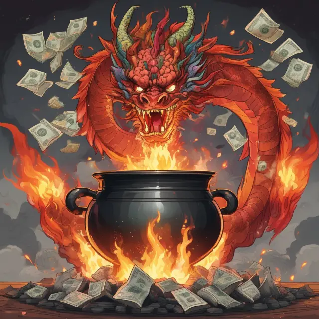 A Chinese dragon breathing fire into a cauldron filled with various currencies, illustrating China