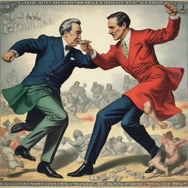 Two figures representing governments in dance moves, symbolizing currency wars while currencies exchange value dynamically