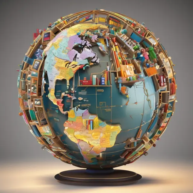A 3D globe with educational books, medical crosses, and gold coins symbolizing human development aspects - education, health, and wealth, respectively.