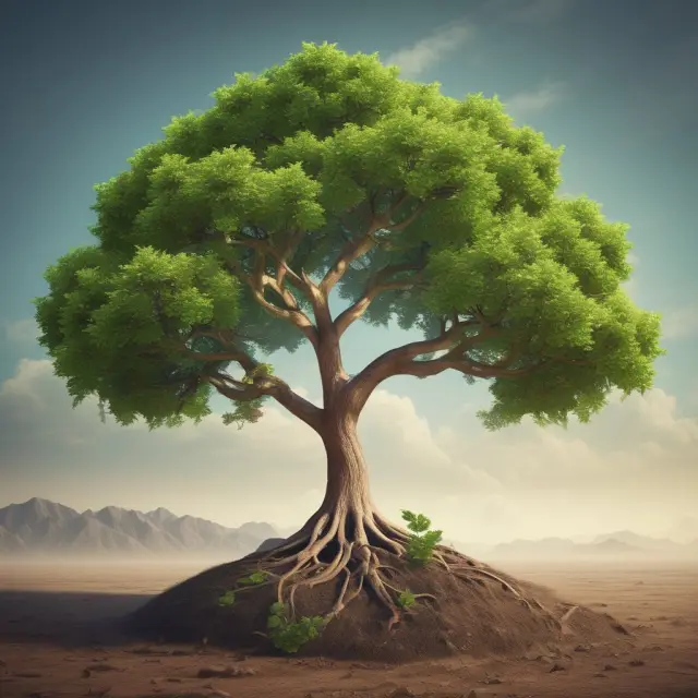 A lush, fully-grown tree represents a developed economy. A small seedling tree symbolizes the potential of developing economies, growing despite adversity.