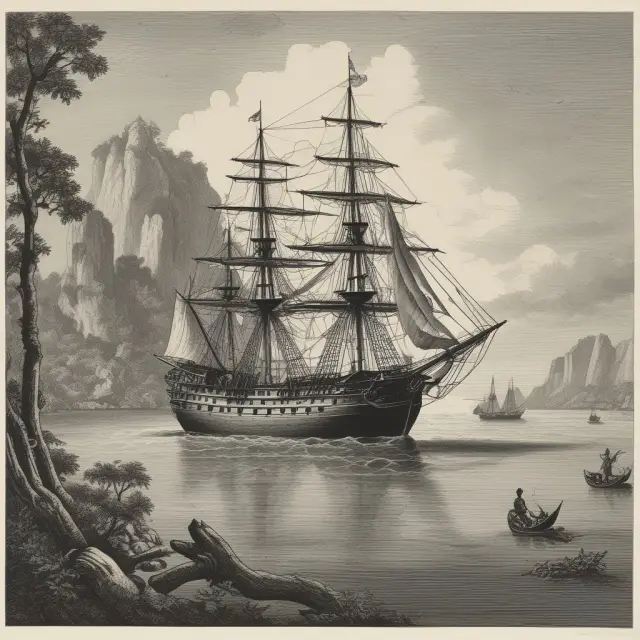 An image of a colonial ship at anchor in front of islands, representing the mercantilist economic principles emphasizing the importance of favorable trade balances.