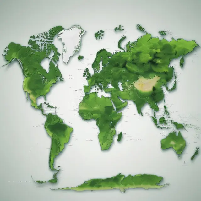 Vibrant green zones spreading on a world map, symbolizing economic progress and growth