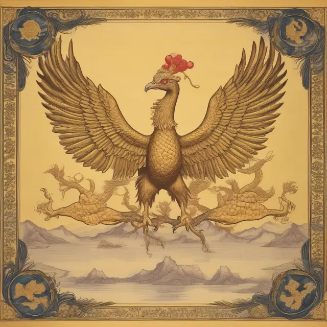 Three golden phoenixes rising from open scrolls symbolize the successful economic transformations of South Korea, China, and India through development economics