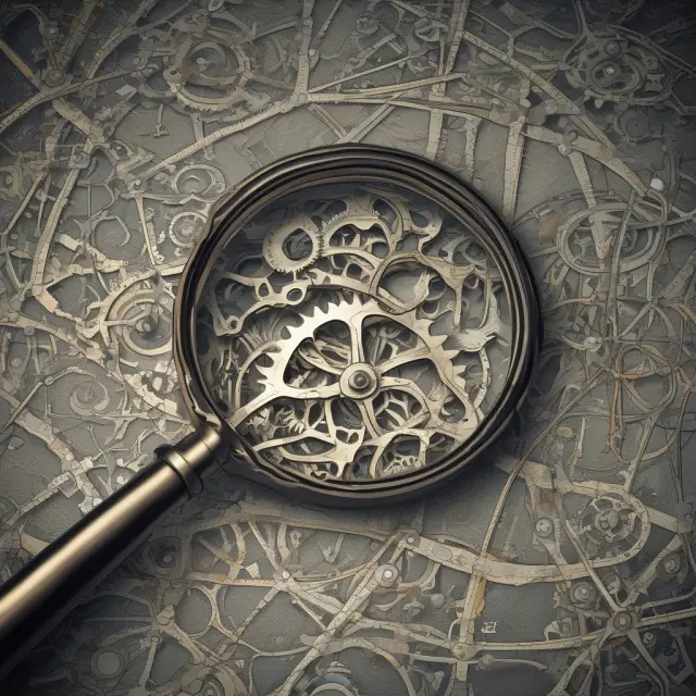 Magnifying glass reveals a complex gear system symbolizing the Degree of Financial Leverage, emphasizing amplified potential for increased returns and earnings growth