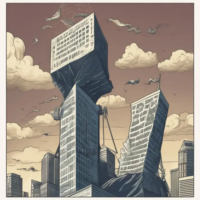 A precarious tower representing company finances, with volatile scales amplifying instability