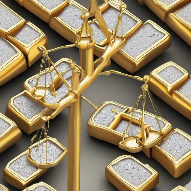 A balanced scale with diamonds and gold bars representing the Diamonds ETF